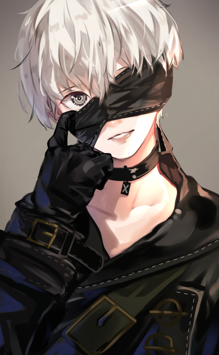 1boy absurdres black_blindfold black_gloves blindfold collarbone eyebrows_visible_through_hair face gloves grey_eyes grey_hair highres male_focus nier_(series) nier_automata oone0206 parted_lips simple_background smile solo upper_body yorha_no._9_type_s