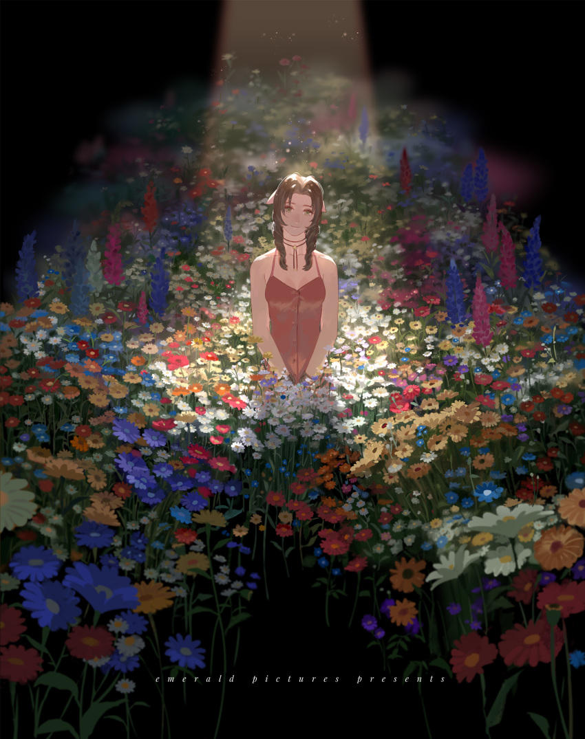aerith_gainsborough bolo_tie bow bracelet breasts brown_hair cleavage collarbone dark_background dress drill_hair field final_fantasy final_fantasy_vii flower flower_field green_eyes hair_bow highres holy_pumpkin jewelry light_rays looking_at_viewer pink_dress sleeveless sleeveless_dress smile sunlight twin_drills
