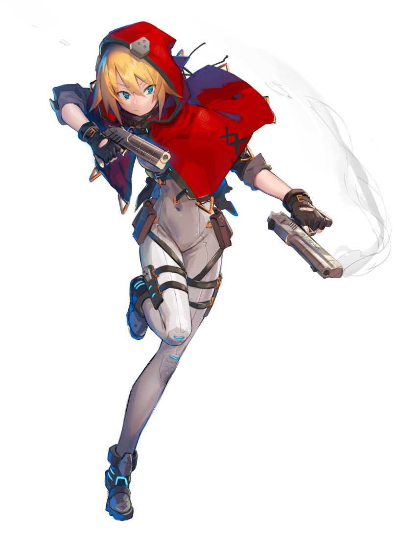 1girl black_gloves blonde_hair blue_eyes bodysuit cloak closed_mouth covered_navel deluxe&lt;&lt;&lt; dual_wielding eyebrows_visible_through_hair eyes_visible_through_hair fingerless_gloves gloves glowing gun hair_between_eyes handgun highres holding holding_gun holding_weapon hood hood_up original pistol pouch red_cloak short_hair simple_background sleeves_rolled_up smoke solo weapon white_background