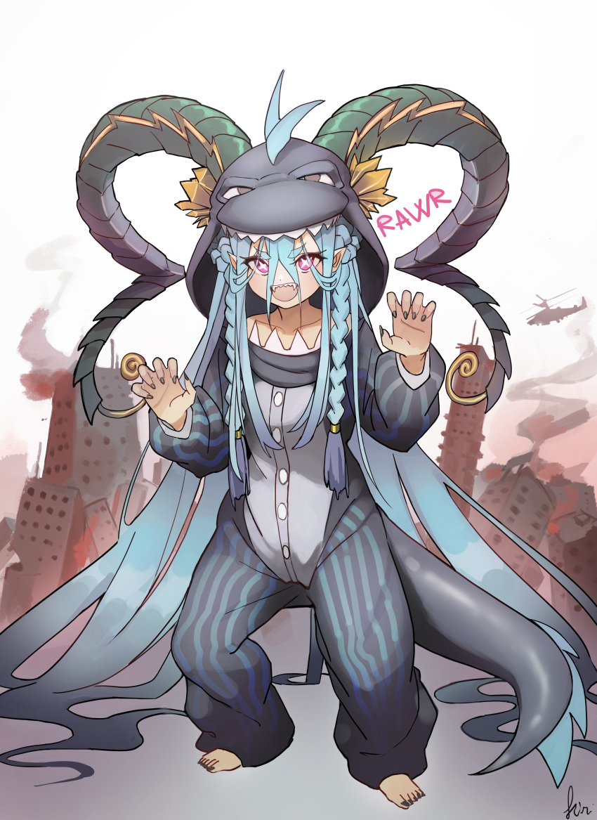 +_+ 1girl :d absurdres animal_costume bangs black_nails blue_hair braid building claw_pose commentary cosplay crown_braid dragon_costume dragon_hood dragon_tail english_commentary fangs fate/grand_order fate_(series) full_body hair_between_eyes highres hood hood_up horns horns_through_headwear kigurumi kiritzuguart long_hair long_sleeves looking_at_viewer open_mouth pointy_ears puffy_long_sleeves puffy_sleeves purple_eyes sharp_teeth signature smile solo tail teeth thick_eyebrows tiamat_(fate/grand_order) twin_braids v-shaped_eyebrows very_long_hair younger