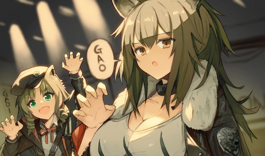 2girls animal_ears arao arknights breasts brown_eyes brown_hair cleavage drill_hair english_text green_eyes hat jacket large_breasts lion_ears long_hair multiple_girls open_mouth siege_(arknights) smile swire_(arknights) upper_body vat