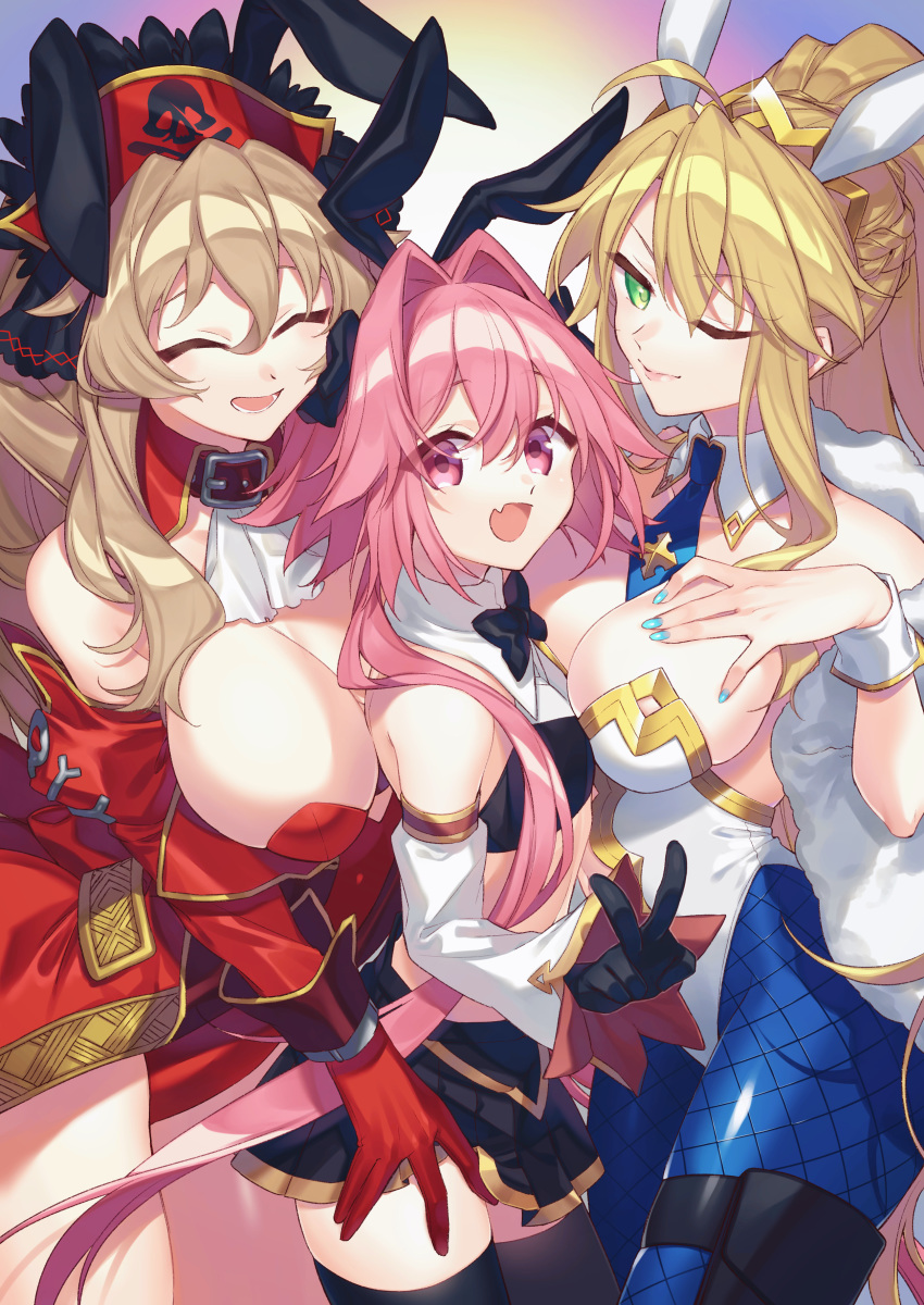 animal_ears anne_bonny_(fate/grand_order) artoria_pendragon_(lancer) astolfo_(fate) bunny_ears citron_82 fate/grand_order no_bra trap