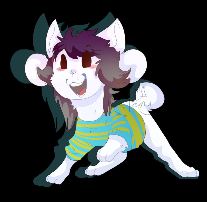 black_background fur hair hi_res mammal open_mouth signature simple_background striped_shirt teenyking tem temmie_(undertale) undertale video_games white_body white_fur