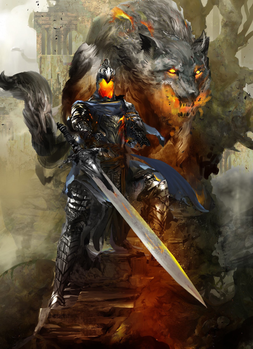 1boy animal armor artorias_the_abysswalker blue_cape breathing_fire cape cloud cloudy_sky dark_souls day debris embers faceless fangs fire fire_body flaming_eyes flaming_sword flaming_weapon full_armor great_grey_wolf_sif grey_wolf highres kekai_kotaki knight light_rays long_sword looking_at_viewer oversized_animal ruins severed_arm severed_limb shield sky souls_(from_software) stairs standing sunlight torn_cape torn_clothes tree wolf work_in_progress