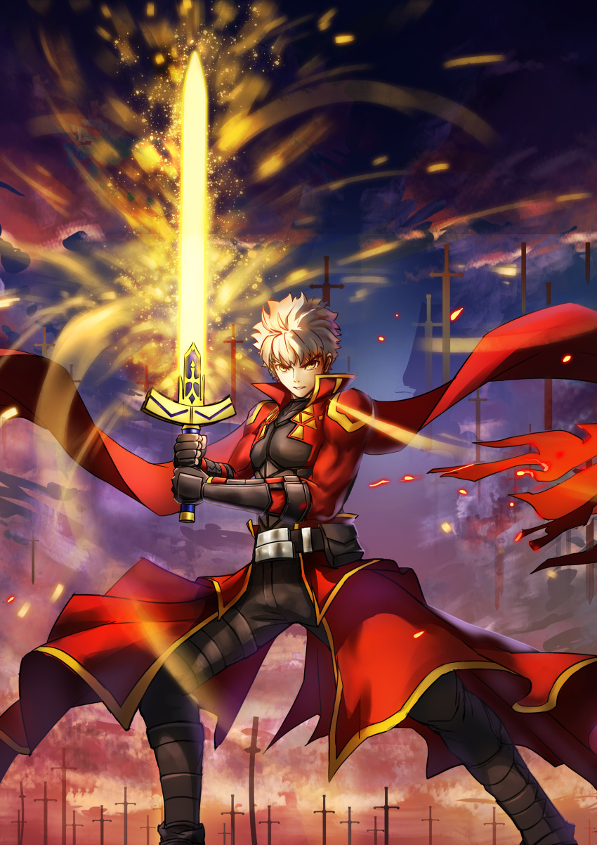 1boy absurdres armor black_gloves capelet coat emiya_shirou excalibur fate/stay_night fate_(series) field_of_blades fingerless_gloves gloves glowing glowing_weapon gt_shoukyou half_gloves hands_on_hilt highres holding holding_sword holding_weapon long_sleeves open_mouth planted_sword planted_weapon red_coat red_scarf scarf solo sword too_many_weapons unlimited_blade_works weapon white_hair yellow_eyes