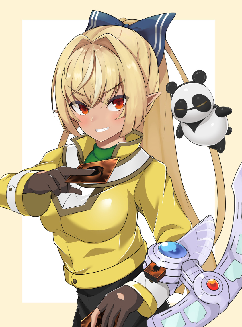 1girl 1other absurdres ahoge alternate_costume black_pants blonde_hair blush bow breasts brown_gloves card commentary cowboy_shot dark_skin duel_disk eyebrows_visible_through_hair gloves green_shirt grin hair_bow highres holding holding_card hololive jacket kintsuba_(flare_channel) long_hair long_sleeves looking_at_viewer medium_breasts multicolored_hair pants parody pointy_ears ponytail red_eyes satobitob shiranui_flare shirt simple_background smile streaked_hair tan_background turtleneck two-tone_background two-tone_hair virtual_youtuber white_background yellow_jacket yuu-gi-ou yuu-gi-ou_gx