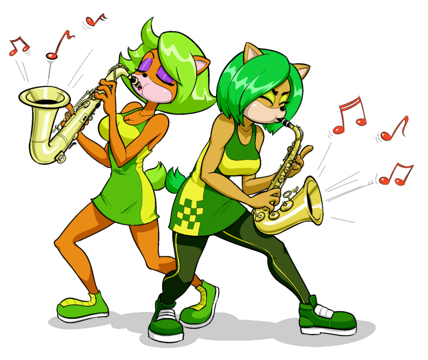 activision alpha_channel ami_bandicoot anthro bandicoot crash_bandicoot_(series) duo eyes_closed eyeshadow female green_eyes makeup mammal mario-grant marsupial musical_instrument saxophone simple_background square_crossover transparent_background video_games wind_instrument woodwind_instrument