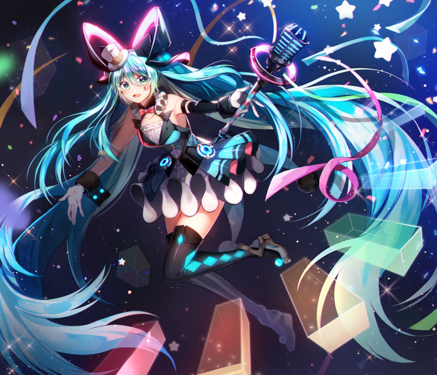 1girl :d aqua_eyes aqua_hair argyle argyle_legwear bangs black_legwear blue_background blush bow bowtie breasts brown_footwear commentary cube detached_sleeves dress facial_mark full_body gloves glowing gradient gradient_background hair_between_eyes hat hatsune_miku headgear highres holding holding_microphone layered_dress long_hair long_sleeves looking_at_viewer magical_mirai_(vocaloid) medium_breasts microphone mismatched_legwear multicolored multicolored_clothes multicolored_dress open_mouth outstretched_arms red_bow red_neckwear rijjin single_detached_sleeve smile solo sparkle star_(symbol) striped striped_legwear thighhighs top_hat twintails vertical-striped_legwear vertical_stripes very_long_hair vocaloid white_gloves white_headwear