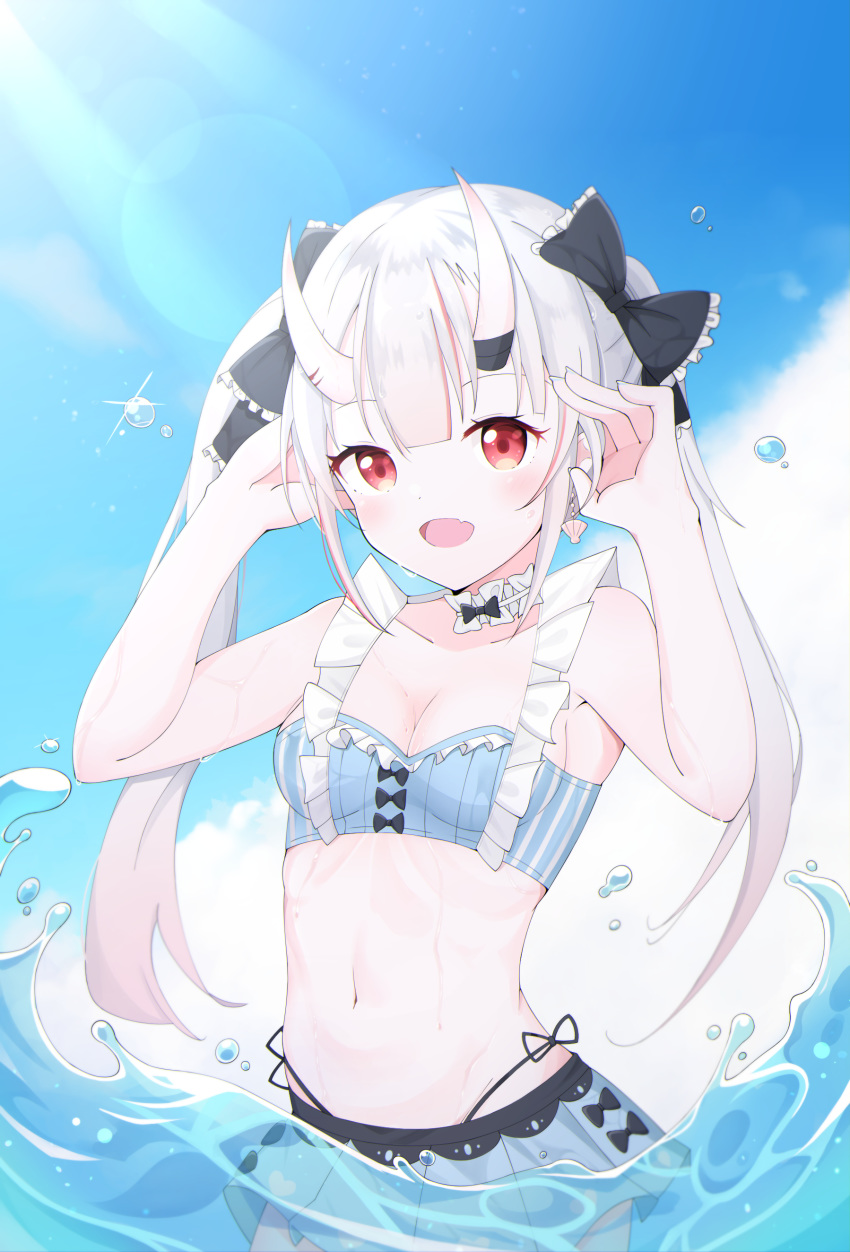 1girl :d absurdres bare_arms bare_shoulders bikini black_bow blue_bikini blue_sky bow breasts cleavage cloud collarbone commentary_request day fang frilled_bow frills hair_bow hands_up highres hololive horns looking_at_viewer multicolored_hair nakiri_ayame navel oni oni_horns open_mouth outdoors red_eyes red_hair silver_hair sky small_breasts smile solo splashing starfox1015 streaked_hair swimsuit twintails virtual_youtuber water