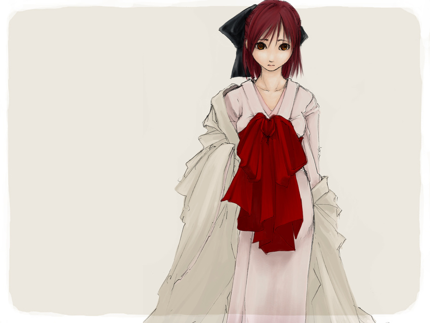 bow gbeer hair_bow highres japanese_clothes kimono kohaku red_hair sad solo spot_color tsukihime