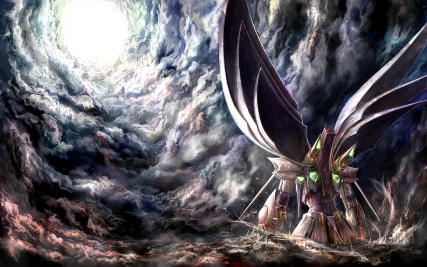 bad_pixiv_id cloud cybuster epic from_behind highres intuos9 mecha no_humans sky solo super_robot_wars super_robot_wars_the_lord_of_elemental wallpaper