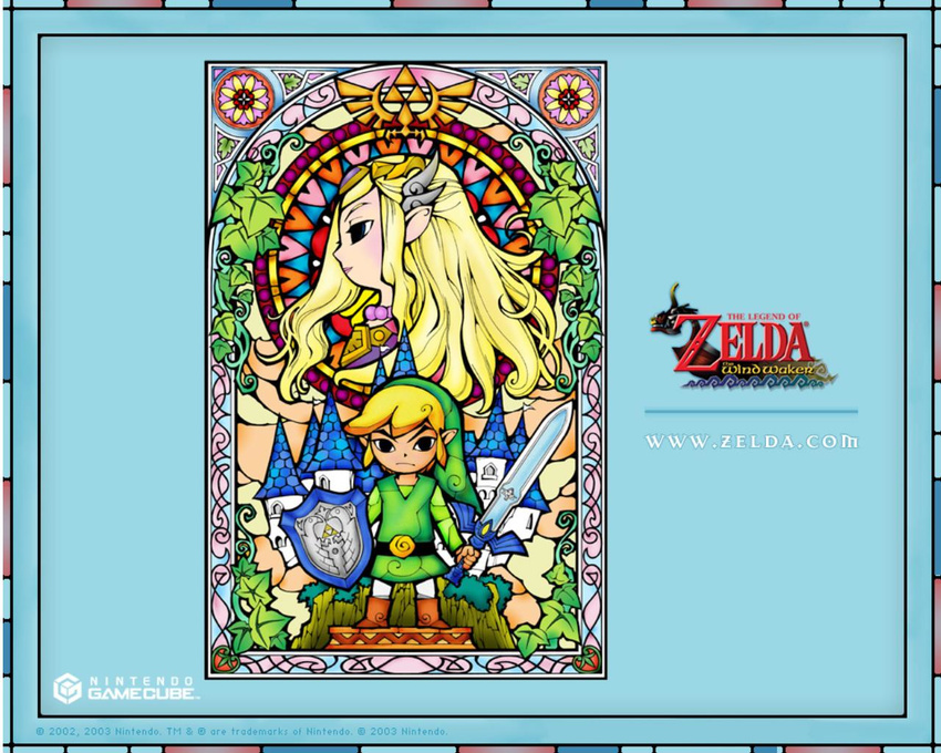 1girl belt black_eyes blonde_hair boots castle hair_ornament hat ivy jewelry link necklace nintendo official_art plant pointy_ears princess_zelda shield stained_glass sword the_legend_of_zelda the_legend_of_zelda:_the_wind_waker tiara toon_link wallpaper watermark weapon