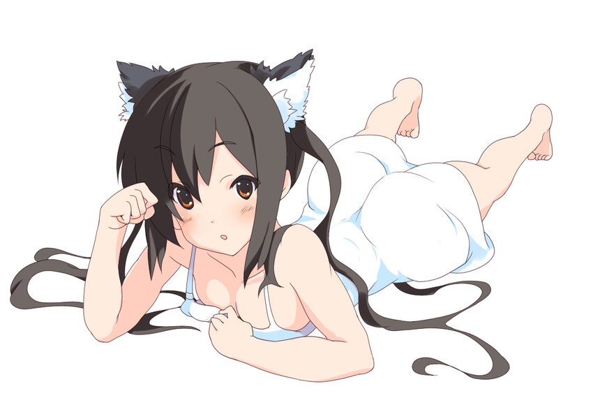animal_ears barefoot black_hair blush breasts brown_eyes cat_ears cleavage downblouse dress k-on! large_breasts long_hair lying nakano_azusa on_stomach open_mouth solo sora_to_umi twintails white_dress