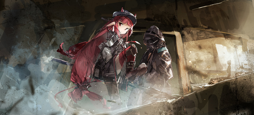 1girl 1other arknights boots demon_horns demon_tail doctor_(arknights) door dust good hat highres horns kicking ph. pointy_ears red_hair tail vigna_(arknights)