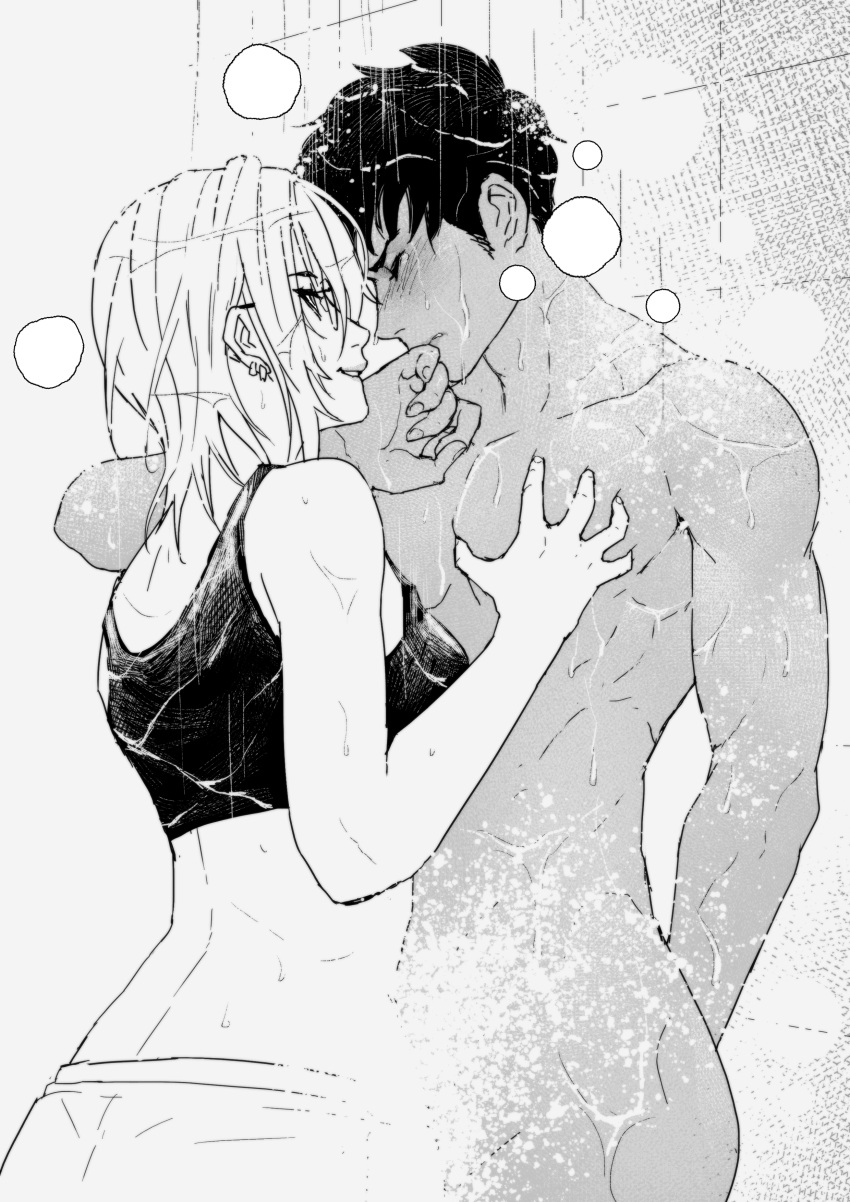 1boy 1girl absurdres back bath blush breast_grab breath censored cirenk closed_eyes dark_skin dark_skinned_male earrings fingernails glasses grabbing greyscale highres jewelry looking_at_another medium_hair monochrome nude open_eyes original parted_lips showering smile water wet