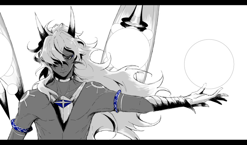 1boy arjuna_(fate/grand_order) arjuna_alter bangs chest dark_skin dark_skinned_male fate/grand_order fate_(series) fighting_stance grey_eyes greyscale hair_over_one_eye highres horns hukahire0313 jewelry long_hair looking_at_viewer male_focus monochrome shiny shiny_hair shirtless shoulder_tattoo simple_background single_horn solo sphere tattoo toned toned_male upper_body vambraces white_background
