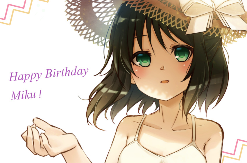 1girl bangs bare_shoulders black_hair blush bow brown_headwear character_name collarbone commentary_request dress eyebrows_visible_through_hair green_eyes hair_between_eyes hand_up happy_birthday hat hat_bow hot_kakigoori kohinata_miku senki_zesshou_symphogear simple_background sleeveless sleeveless_dress solo upper_body white_background white_bow white_dress