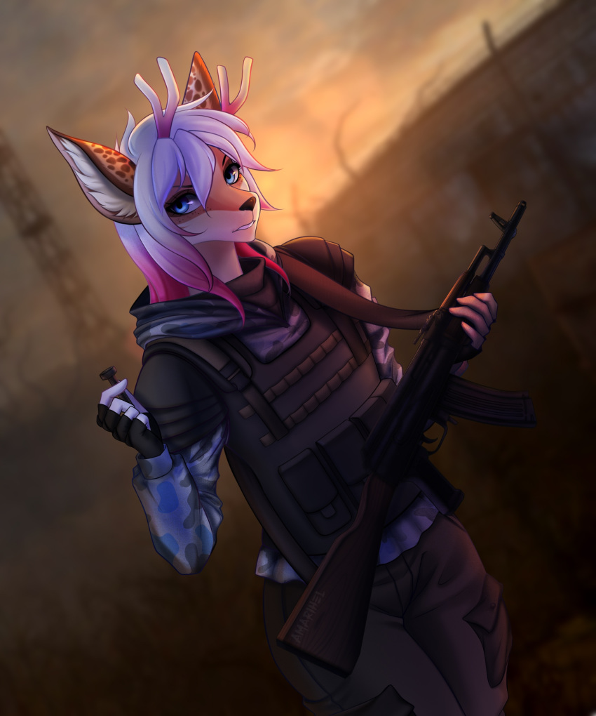 amarihel anthro antlers armor assault_rifle black_nose blue_eyes cervid clothed clothing detailed_background digital_media_(artwork) eyebrows fully_clothed fur gloves gun gynomorph hair handwear hi_res holding_object holding_weapon horn intersex kaily mammal military military_uniform multicolored_body multicolored_fur multicolored_hair ranged_weapon rifle s.t.a.l.k.e.r. solo suit sunset uniform video_games weapon