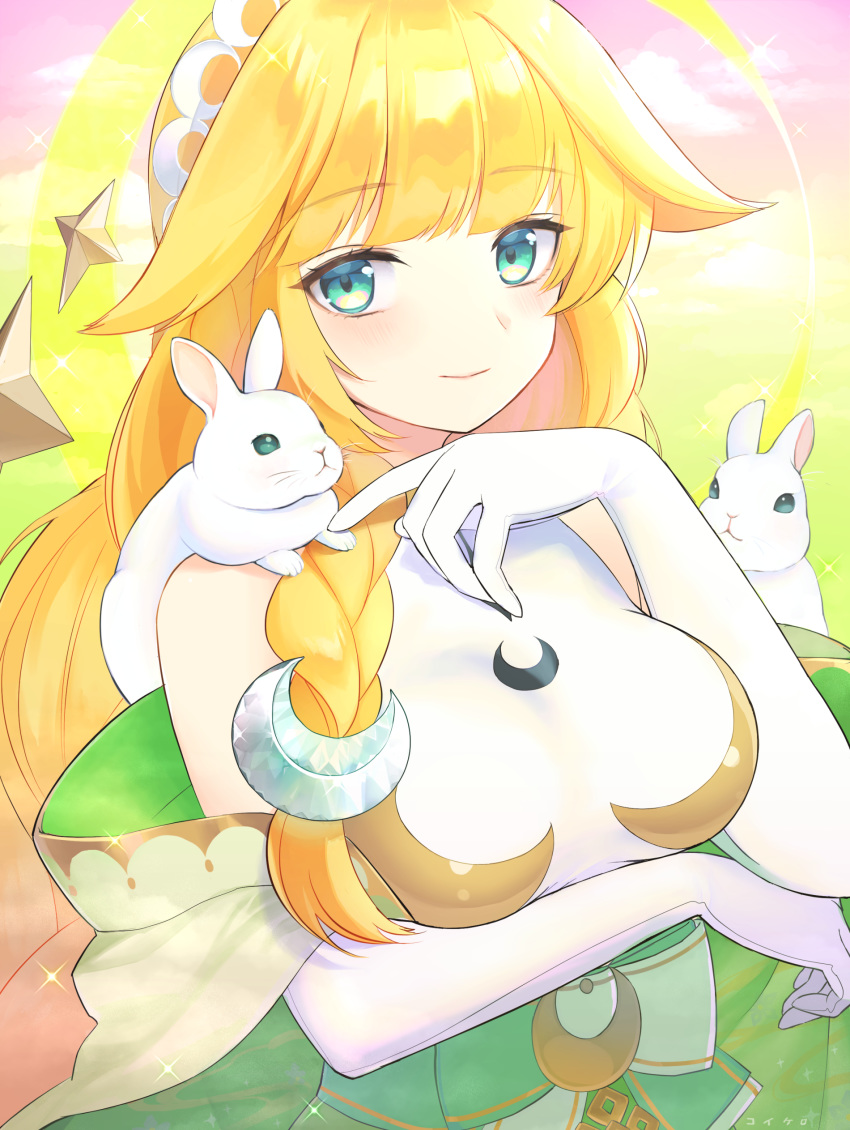 1girl absurdres animal_on_shoulder arm_under_breasts bangs blonde_hair blunt_bangs blush breasts bunny closed_mouth commentary_request crescent dress elbow_gloves eyebrows_visible_through_hair gloves green_eyes hair_flaps hand_up highres kkokko long_hair looking_at_viewer medium_breasts mikazuki_munechika monster_strike smile solo upper_body very_long_hair white_dress white_gloves