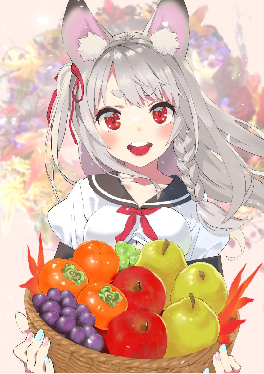 1girl :d animal_ear_fluff animal_ears apple aqua_nails autumn_leaves azur_lane basket blush bouquet braid breasts commentary eyebrows_visible_through_hair flower food fruit fruit_basket grapes hair_ribbon highres holding holding_basket long_hair looking_at_viewer medium_breasts multicolored multicolored_nails nail_polish neck_ribbon open_mouth pear persimmon pink_nails red_eyes red_neckwear ribbon sailor_collar school_uniform serafuku shirt side_braid side_ponytail smile solo thick_eyebrows tomato upper_body white_shirt yoyoshi_renga yuudachi_(azur_lane)