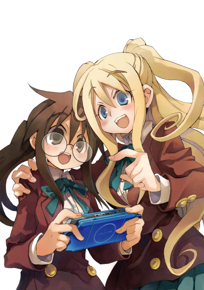 2girls absurdres blazer blonde_hair blue_eyes brown_eyes brown_hair buttons ga_geijutsuka_art_design_class green_ribbon green_skirt hand_on_another's_shoulder handheld_game_console highres jacket kiyuzuki_satoko long_hair long_sleeves marianne_van_tienen multiple_girls neck_ribbon official_art open_mouth playstation_portable pleated_skirt ponytail red_jacket ribbon round_eyewear school_uniform shirt skirt two_side_up white_background white_shirt yamabuki_school_uniform yamaguchi_kisaragi