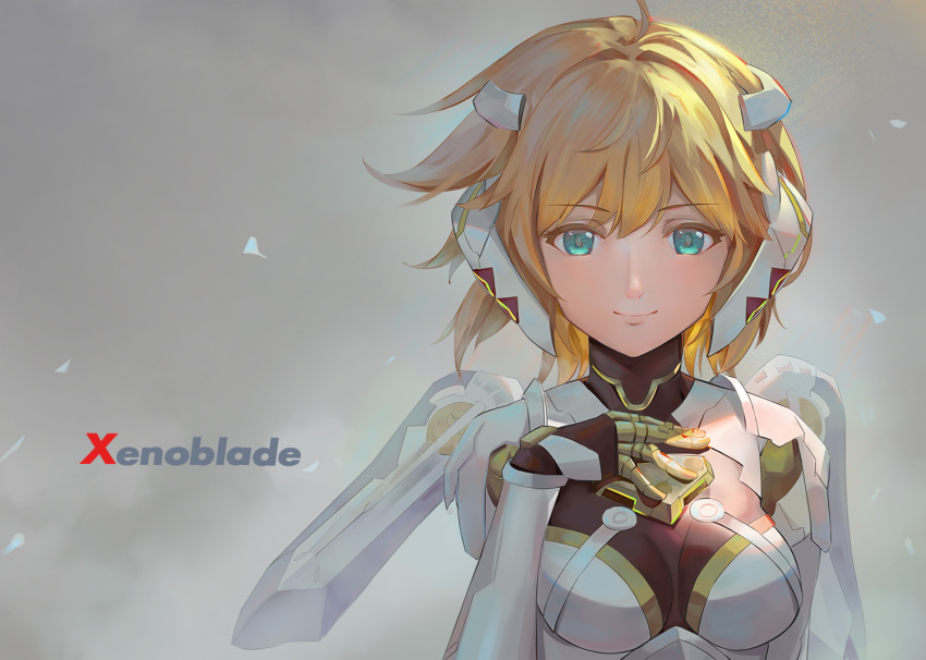 1girl ahoge blonde_hair blue_eyes breasts copyright_name fiorung grey_background hand_on_own_chest kiiro_kimi short_hair smile spoilers xenoblade_(series) xenoblade_1