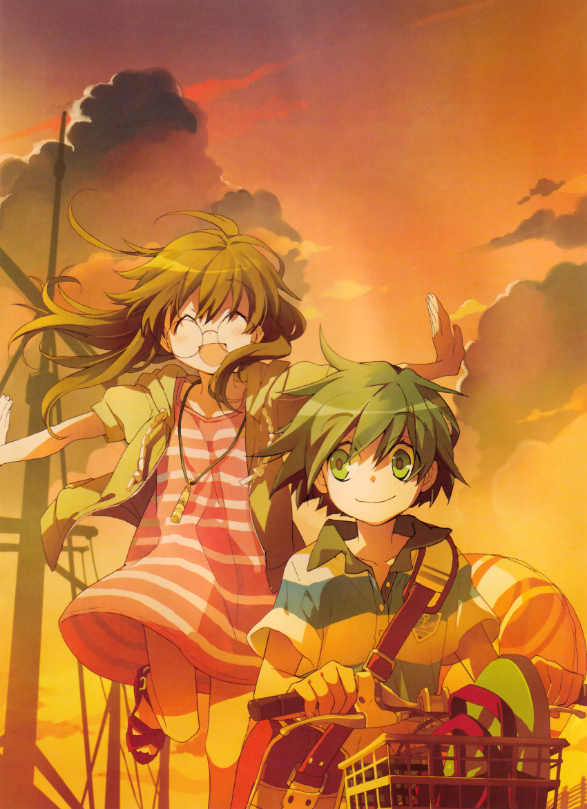 2girls absurdres bag bicycle brown_hair casual closed_eyes cloud dress dusk ga_geijutsuka_art_design_class green_eyes green_hair ground_vehicle highres hood hooded_jacket innertube jacket kiyuzuki_satoko long_hair multiple_girls official_art open_mouth orange_sky outstretched_arms polo_shirt puffy_short_sleeves puffy_sleeves round_eyewear sandals shirt short_hair short_sleeves shoulder_bag sky smile spread_arms standing standing_on_one_leg striped striped_dress striped_shirt tomokane twilight whistle yamaguchi_kisaragi