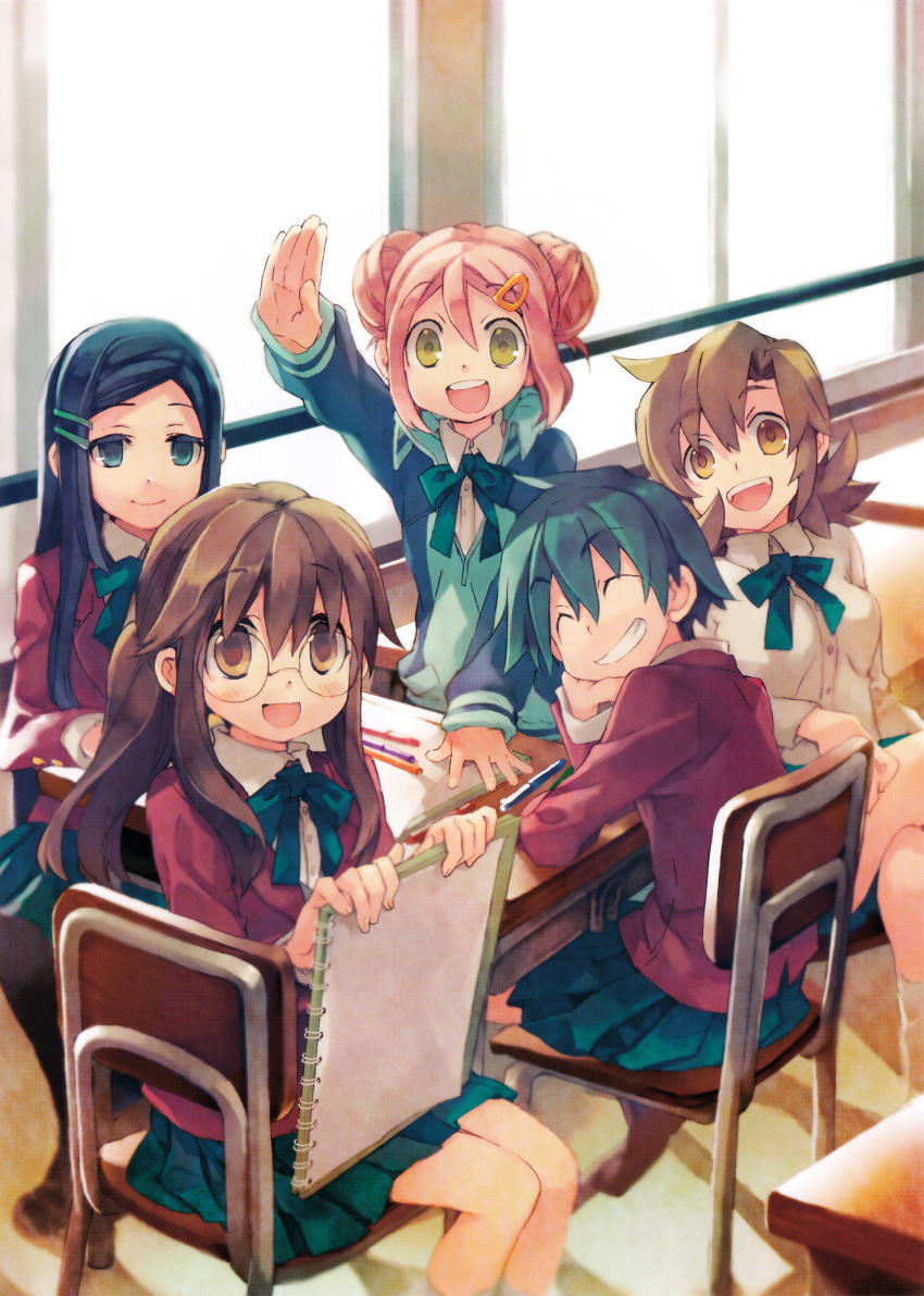 5girls absurdres arm_up black_eyes black_hair black_legwear blazer brown_eyes brown_hair chair classroom desk ga_geijutsuka_art_design_class green_hair green_ribbon green_skirt grin hair_ornament hairclip hand_up highres jacket kiyuzuki_satoko light_brown_hair long_hair long_sleeves looking_at_viewer miniskirt multiple_girls neck_ribbon noda_miki nozaki_namiko official_art oomichi_miyabi pantyhose pleated_skirt red_jacket ribbon round_eyewear school_uniform shirt short_hair sitting sketchbook skirt smile tomokane track_jacket white_legwear white_shirt yamabuki_school_uniform yamaguchi_kisaragi