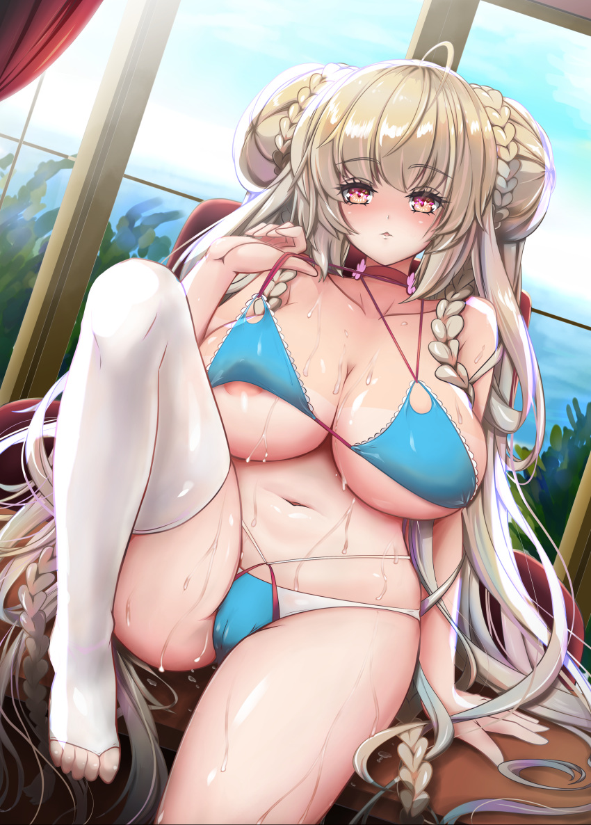 areola azur_lane bikini cameltoe feet formidable_(azur_lane) raranokusu swimsuits tan_lines thighhighs undressing wet