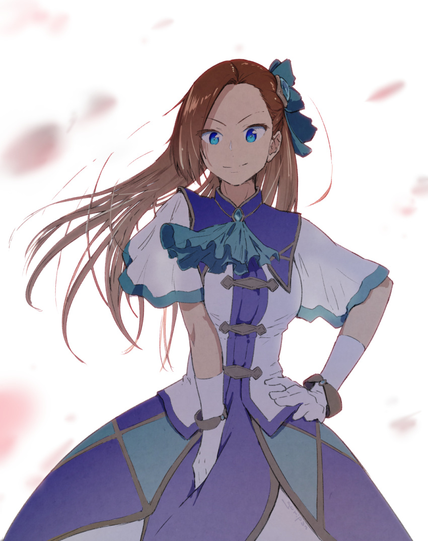 1girl ascot asymmetrical_bangs bangs blue_bow blue_eyes blue_neckwear bow bracelet brooch brown_hair closed_mouth commentary dress dress_tug gloves goripan hair_bow hair_ornament hand_on_hip high_collar highres jewelry katarina_claes long_dress long_hair looking_at_viewer otome_game_no_hametsu_flag_shika_nai_akuyaku_reijou_ni_tensei_shite_shimatta short_sleeves smile solo standing white_background white_gloves wind