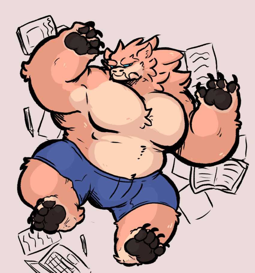 anthro barazoku barefoot blkmnstrr bottomwear claws clothing felid flustered hi_res huge_pecs kaiju lion looking_at_viewer lying male mammal monster pantherine pants paws slightly_chubby solo torn_bottomwear torn_clothing torn_pants