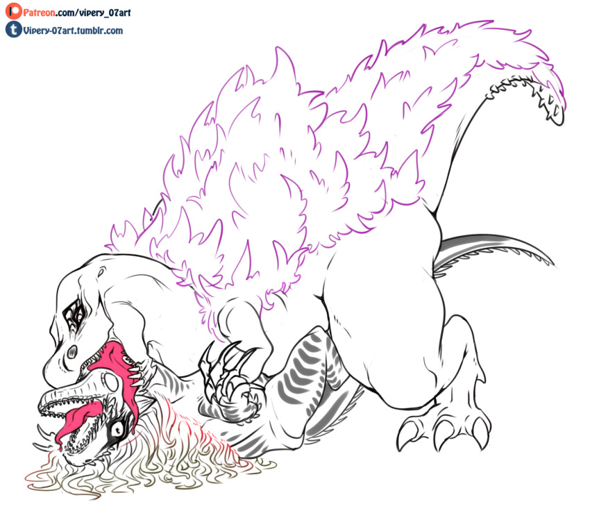 ambiguous_penetration anjanath anthro brute_wyvern capcom claws dinosaur duo fanged_wyvern fangs female feral feral_on_feral hair hi_res jagras licking male male/female monster_hunter penetration reptile scalie simple_background spikes text tongue tongue_out url video_games vipery-07 white_background