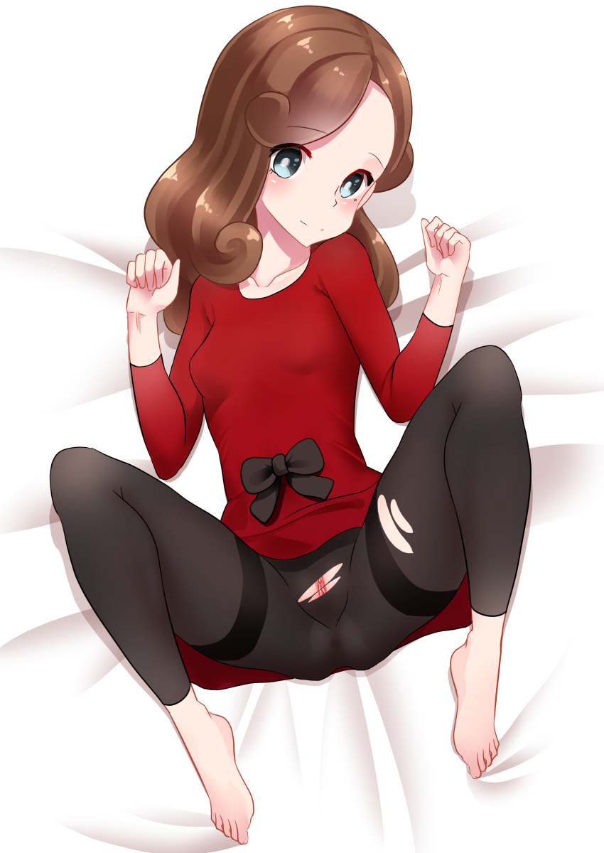 1girl absurdres aqua_eyes barefoot bed_sheet black_bow black_legwear blush bow brown_hair closed_mouth collarbone eyebrows_visible_through_hair feet full_body gumroad_reward gwegwe hands_up highres katrielle_layton looking_at_viewer lying on_back paid_reward pantyhose professor_layton pussy red_shirt shiny shiny_hair shirt smile solo spread_legs toes torn_clothes torn_legwear uncensored