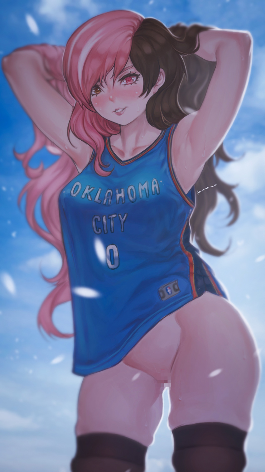 1girl absurdres armpits arms_behind_head arms_up artist_name backlighting bangs bare_arms basketball_uniform black_legwear blue_tank_top blurry blush bokeh bottomless breasts brown_eyes brown_hair censored clothes_writing collarbone contrapposto cosplay cowboy_shot depth_of_field emblem grin hair_between_eyes hair_flip hands_in_hair heterochromia highres jersey kuon_(kwonchanji) lipstick long_hair looking_at_viewer makeup medium_breasts mosaic_censoring multicolored_hair national_basketball_association neo_politan nose_blush number oklahoma_city_thunder outdoors parted_lips photoshop_(medium) pink_eyes pink_hair pink_lipstick pussy russell_westbrook russell_westbrook_(cosplay) rwby signature skindentation sky smile solo sportswear standing streaked_hair sweat swept_bangs tank_top thighhighs thighs two-tone_hair uniform wavy_hair