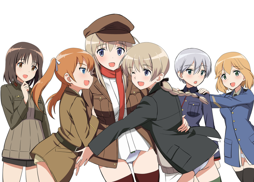 6+girls :d ;d amelie_planchard arm_around_waist ass ass_visible_through_thighs bangs belt black_belt black_jacket black_legwear black_ribbon blazer blonde_hair blue_eyes blue_jacket bob_cut bow bow_panties braid brown_headwear brown_jacket chin_grab commentary_request crotch_seam eyebrows_visible_through_hair flat_cap francie_gerard green_eyes grey_eyes grey_hair hair_ribbon hat highres hug jacket kadomaru_misa kaneko_(novram58) laura_toth light_brown_hair long_hair looking_at_another looking_at_viewer looking_back lynette_bishop medium_hair military military_uniform multiple_girls necktie no_pants one_eye_closed open_mouth orange_hair panties partial_commentary red_scarf ribbon scarf shirt short_hair siblings simple_background sisters smile strike_witches thighhighs twin_braids twintails underwear uniform very_short_hair white_background white_panties white_ribbon white_shirt wilma_bishop wing_collar world_witches_series