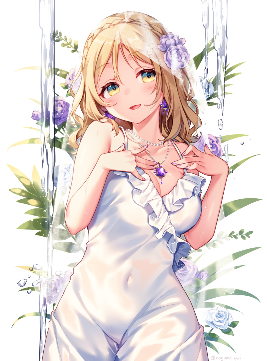 1girl bangs bare_shoulders blonde_hair blush braid breasts cleavage collarbone covered_navel cowboy_shot dress earrings english_commentary eyebrows_visible_through_hair flower hair_flower hair_intakes hair_ornament hands_on_own_chest hands_up highres icicle jewelry large_breasts looking_at_viewer love_live! love_live!_sunshine!! medium_hair moyui_(myi_005) nail_polish necklace ohara_mari open_mouth pearl_necklace pink_nails plant purple_rope rope simple_background sleeveless sleeveless_dress smile solo tongue veil white_background white_dress white_flower yellow_eyes