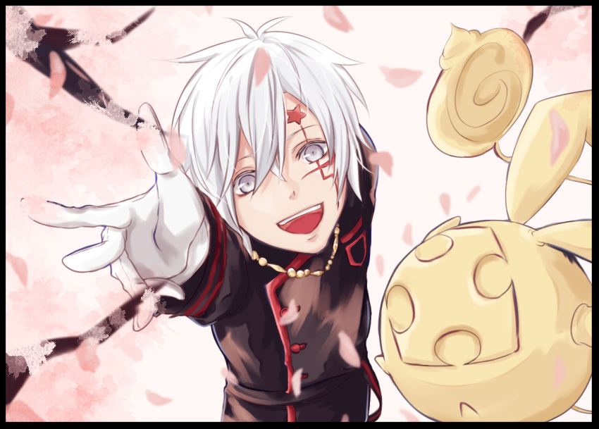 1boy :d akaneko445 allen_walker arm_up bangs black_jacket black_order_uniform d.gray-man facial_mark from_above gloves grey_eyes hair_between_eyes jacket long_sleeves looking_at_viewer male_focus military_jacket open_mouth petals silver_hair smile solo timcanpy white_background white_gloves