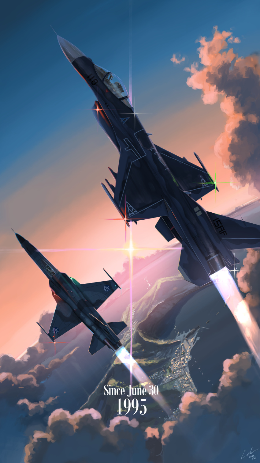 absurdres ace_combat ace_combat_04 aircraft airplane airplane_wing anniversary city_below cloud dated f-16_fighting_falcon f-20_tigershark fighter_jet flying highres isaf jet light military military_vehicle mountain signature sunlight sunset tagme utachy water