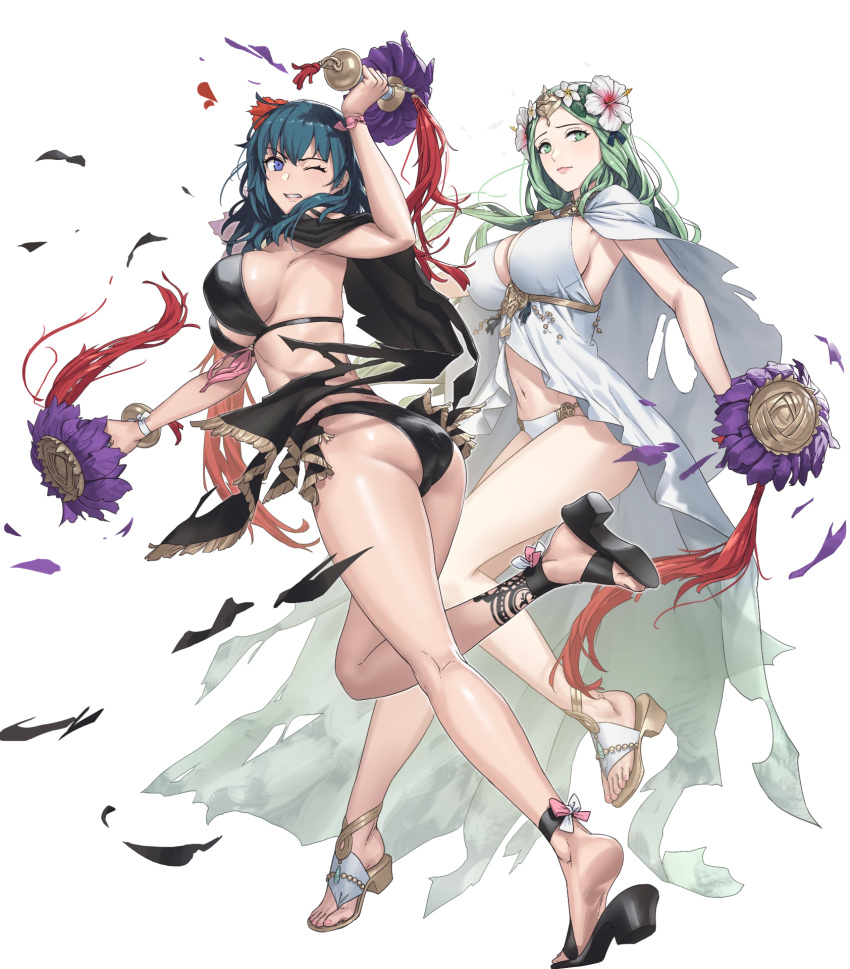 2girls ass bangs breasts byleth_(fire_emblem) byleth_(fire_emblem)_(female) cape cleavage clenched_teeth cuboon dual_wielding fire_emblem fire_emblem:_three_houses fire_emblem_heroes flower full_body green_eyes green_hair hair_flower hair_ornament highres holding large_breasts lips long_hair medium_breasts multiple_girls navel official_art one_eye_closed parted_lips purple_eyes rhea_(fire_emblem) sandals shiny shiny_hair shiny_skin short_hair sideboob stomach swimsuit teeth thighs toes torn_clothes transparent_background