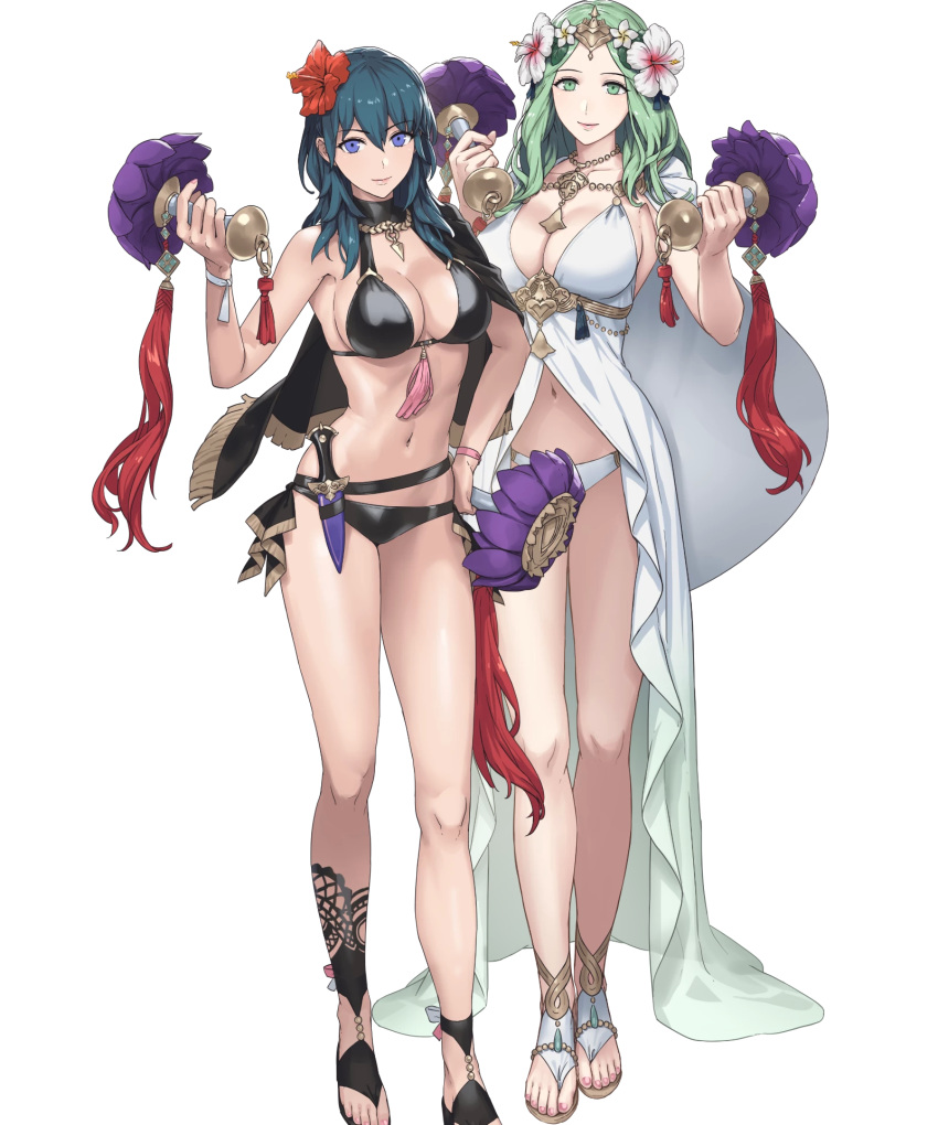 2girls bangs breasts byleth_(fire_emblem) byleth_(fire_emblem)_(female) cape cleavage closed_mouth cuboon dagger dual_wielding fire_emblem fire_emblem:_three_houses fire_emblem_heroes flower full_body green_eyes green_hair hair_ornament hand_on_hip highres holding large_breasts lips long_hair looking_at_viewer multiple_girls navel official_art purple_eyes rhea_(fire_emblem) sandals shiny shiny_hair shiny_skin smile standing stomach swimsuit toes transparent_background weapon