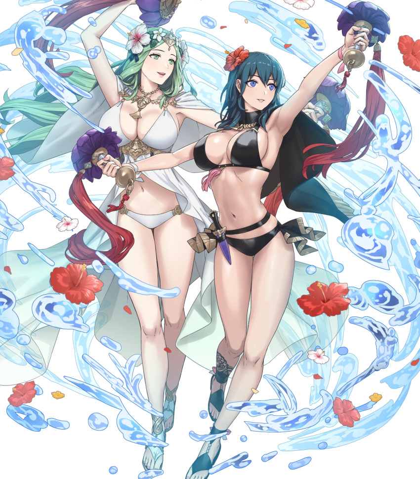 2girls armpits arms_up bangs bikini breasts byleth_(fire_emblem) byleth_(fire_emblem)_(female) cape cleavage cuboon dagger dual_wielding fire_emblem fire_emblem:_three_houses fire_emblem_heroes flower full_body green_eyes green_hair hair_flower hair_ornament hibiscus highres holding large_breasts lips long_hair looking_away multiple_girls navel official_art open_mouth parted_lips petals purple_eyes rhea_(fire_emblem) sandals short_hair smile stomach swimsuit toes transparent_background water water_drop weapon