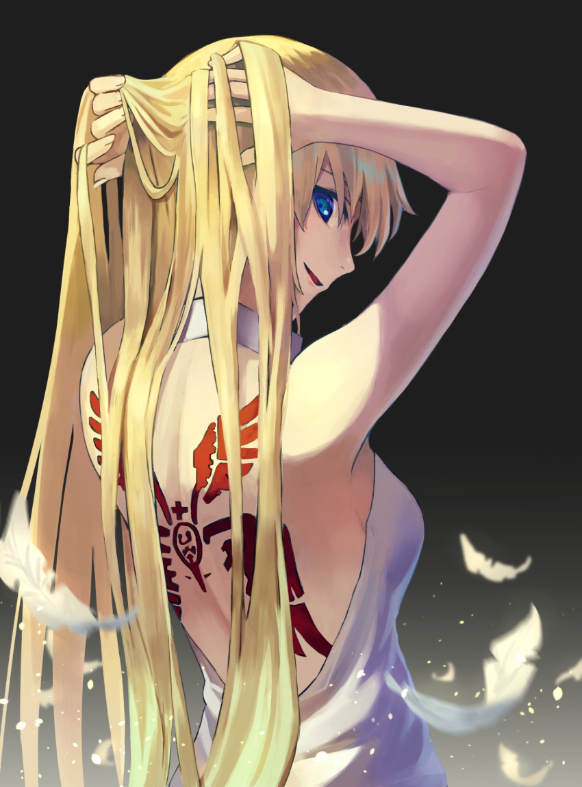 1girl 7aehyun back_tattoo bare_shoulders blue_eyes breasts cowboy_shot dress fate/grand_order fate_(series) feathers gradient gradient_background hands_in_hair highres janne_d'arc jeanne_d'arc_(fate) jeanne_d'arc_(fate)_(all) long_hair looking_at_viewer sideboob smile solo tattoo white_dress