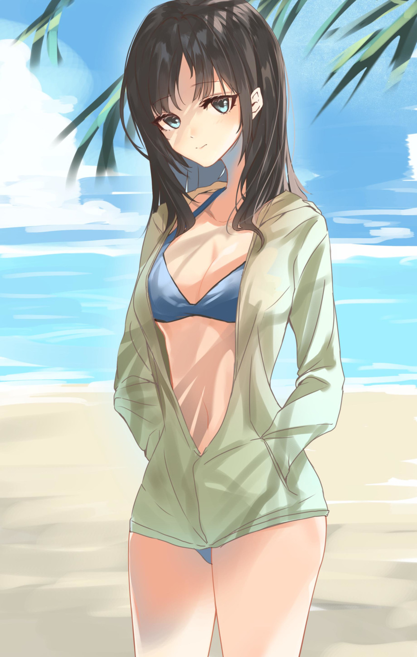 1girl absurdres alternate_hairstyle beach bikini black_hair blue_bikini blue_eyes blue_sky breasts closed_mouth cloud commentary_request eyebrows_visible_through_hair feet_out_of_frame green_jacket hair_down highres jacket looking_at_viewer matsunaga777 medium_breasts navel ocean open_clothes open_jacket sand sketch sky solo standing stomach swimsuit tamura_yuri watashi_ga_motenai_no_wa_dou_kangaetemo_omaera_ga_warui!