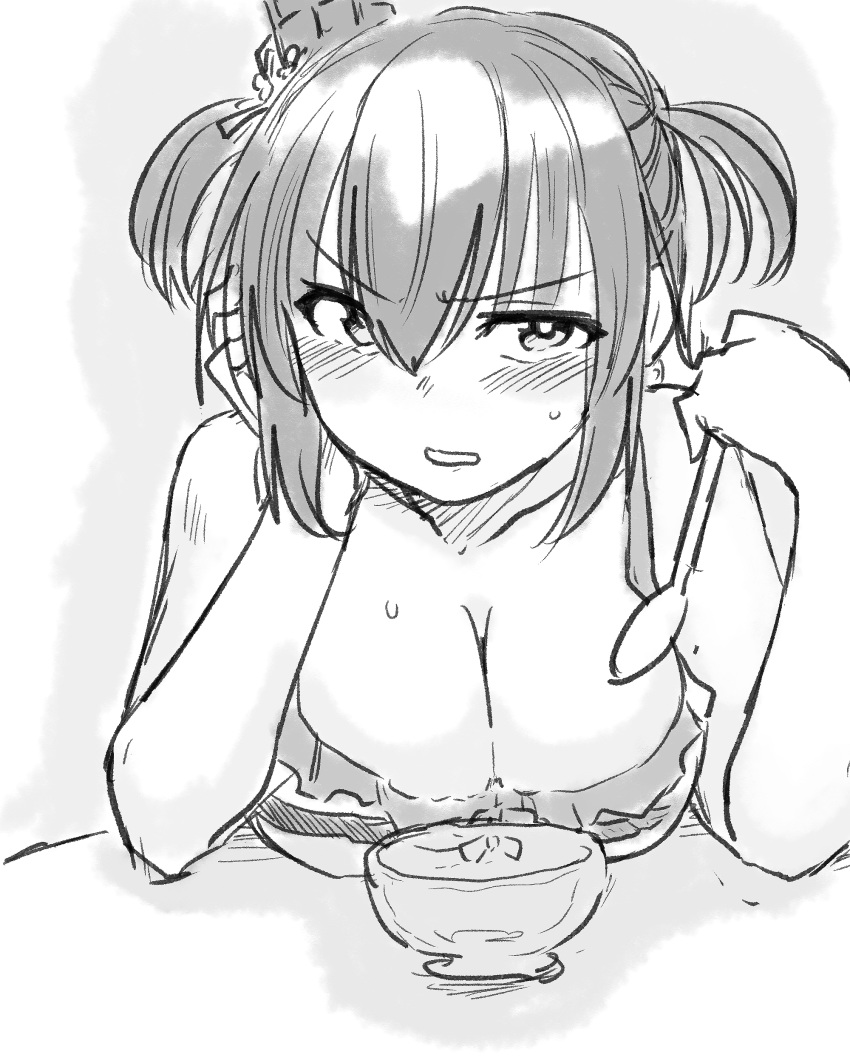1girl absurdres alternate_costume alternate_hairstyle bangs bare_shoulders bikini bikini_top blush bowl breasts cleavage commentary eyebrows_visible_through_hair frown greyscale hair_between_eyes hair_ornament highres holding holding_spoon kantai_collection large_breasts looking_at_viewer medium_hair monochrome poyo_(hellmayuge) shadow short_twintails sidelocks solo spoon sweat swimsuit twintails yamashiro_(kantai_collection)