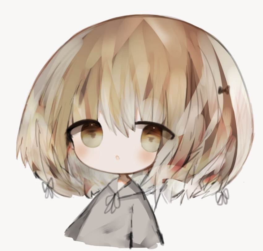 1girl :o bangs black_ribbon blush brown_background brown_eyes brown_hair chibi cottontailtokki cropped_torso eyebrows_visible_through_hair grey_hoodie hair_between_eyes hood hood_down hoodie long_hair looking_at_viewer neck_ribbon original parted_lips ribbon simple_background solo upper_body