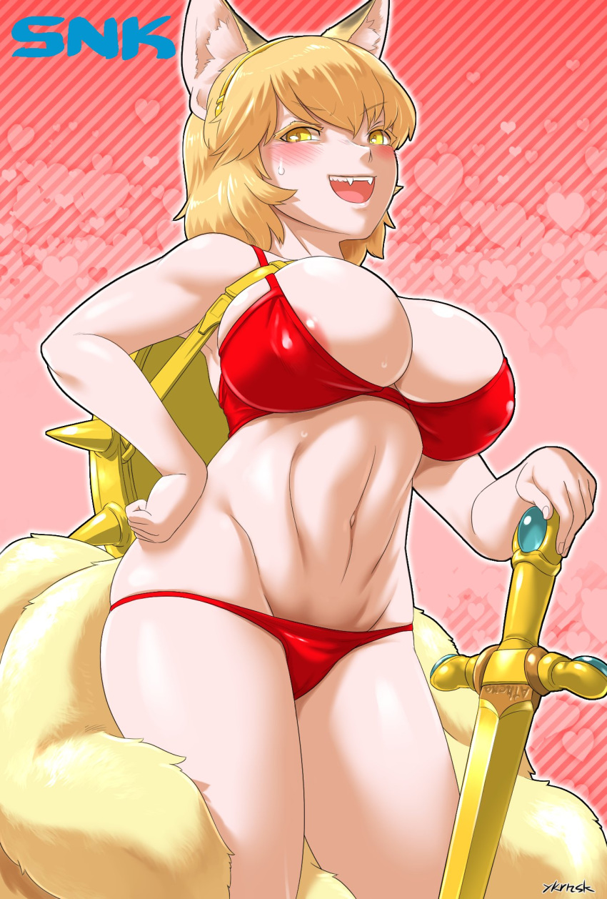 1girl alternate_costume animal_ear_fluff animal_ears areola_slip areolae athena_(series) bikini blonde_hair breasts cameltoe cosplay cowboy_shot eyebrows_visible_through_hair fox_ears fox_girl fox_tail hairband hand_on_hip highres large_breasts lowleg lowleg_bikini multiple_tails muscle muscular_female navel princess_athena princess_athena_(cosplay) red_bikini shield skindentation snk solo sweatdrop swimsuit sword tail toned touhou weapon yakumo_ran yellow_eyes yukaran_nosuke