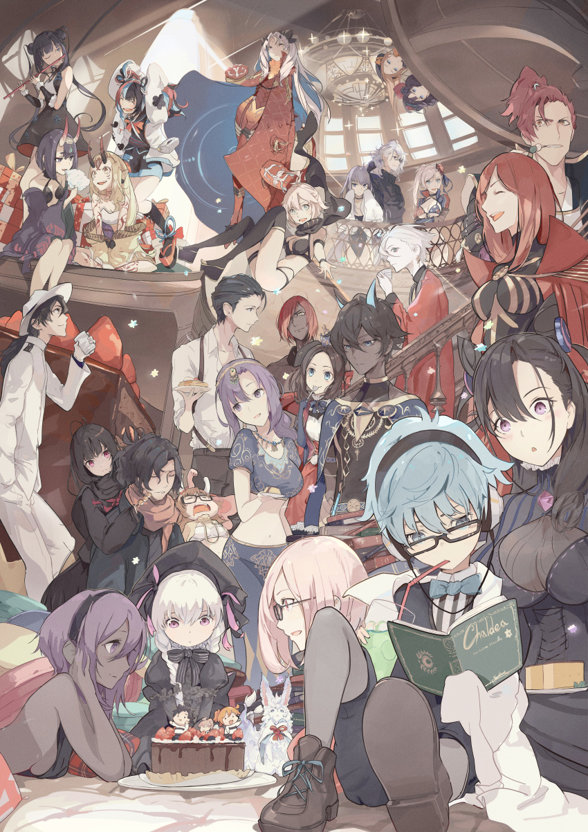 abigail_williams_(fate/grand_order) absurdres arjuna_alter ashwatthama_(fate/grand_order) balcony black_skin book braid cake cape crossed_arms dango dark_skin dark_skinned_male dress eating fate/grand_order fate_(series) flute flying food fou_(fate/grand_order) ganesha_(fate) gift glasses hans_christian_andersen_(fate) hassan_of_serenity_(fate) hat headphones headphones_removed highres horns ibaraki_douji_(fate/grand_order) instrument ishtar_(fate)_(all) karna_(fate) katsushika_hokusai_(fate/grand_order) kodamazon laughing leonardo_da_vinci_(fate/grand_order) leonardo_da_vinci_(rider)_(fate) long_hair mash_kyrielight matou_sakura meltryllis meltryllis_(swimsuit_lancer)_(fate) merlin_(fate) midriff miyamoto_musashi_(fate/grand_order) miyamoto_musashi_(swimsuit_berserker)_(fate) mori_nagayoshi_(fate) murasaki_shikibu_(fate) music nursery_rhyme_(fate/extra) oda_nobunaga_(fate)_(all) oda_nobunaga_(maou_avenger)_(fate) okada_izou_(fate) okita_souji_(fate)_(all) okita_souji_(swimsuit_assassin)_(fate) oni_horns oryou_(fate) pancake parvati_(fate/grand_order) playing_instrument pointy_ears reading sakamoto_ryouma_(fate) sanshoku_dango scarf sei_shounagon_(fate) sherlock_holmes_(fate/grand_order) shuten_douji_(fate/grand_order) sleeping smile space_ishtar_(fate) spoon suspenders twin_braids wagashi yang_guifei_(fate/grand_order)