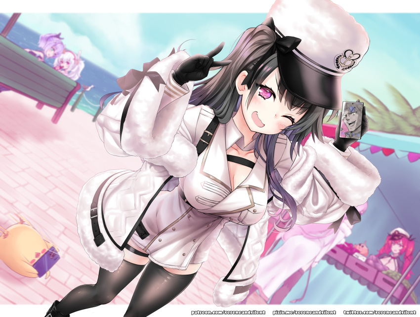 4girls ;d areolae azur_lane bare_shoulders beach black_gloves black_hair black_legwear blush bottomless breasts cleavage coat coat_dress day dio_brando eyebrows_visible_through_hair fang fur-trimmed_coat fur_trim gloves green_eyes hands_up hat highres holding holding_phone javelin_(azur_lane) jojo_no_kimyou_na_bouken kono_dio_da laffey_(azur_lane) large_breasts long_hair long_sleeves looking_at_another looking_at_viewer looking_back manjuu_(azur_lane) market medium_breasts multiple_girls one_eye_closed open_mouth outdoors padded_coat palm_tree pamiat_merkuria_(azur_lane) phone purple_eyes purple_hair purple_nails red_eyes russian_clothes sereneandsilent shirt side_ponytail silver_hair skindentation smile thighhighs tree v very_long_hair white_coat white_headwear