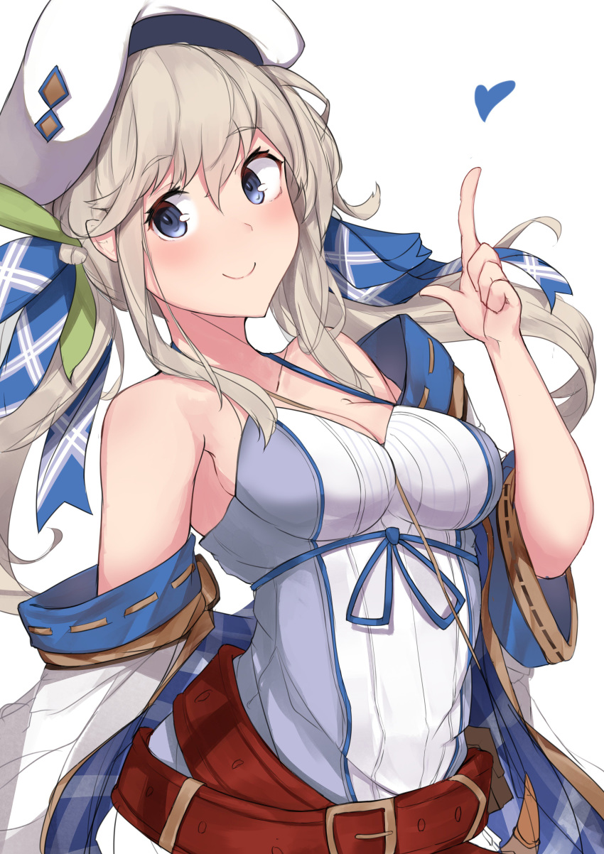 1girl absurdres bangs bare_shoulders belt beret blue_eyes blue_ribbon blush breasts cleavage closed_mouth collarbone cucouroux_(granblue_fantasy) granblue_fantasy grey_hair hair_ribbon hat heart highres index_finger_raised jacket long_hair long_sleeves looking_at_viewer medium_breasts nanakaku off_shoulder open_clothes open_jacket ribbon sidelocks simple_background smile twintails white_camisole white_headwear white_jacket