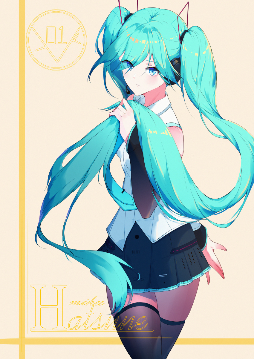 1girl absurdres arm_behind_back black_skirt blue_eyes blue_hair character_name crossed_legs detached_sleeves hatsune_miku headphones highres holding holding_hair huge_filesize long_hair looking_up rzx0 skirt thighhighs twintails very_long_hair vocaloid zettai_ryouiki